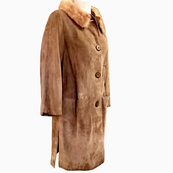 VTG 1960s Women's Suede Coat Mink Fur Collar Sz 10 Camel/Tan #265F - Picture 4 of 9